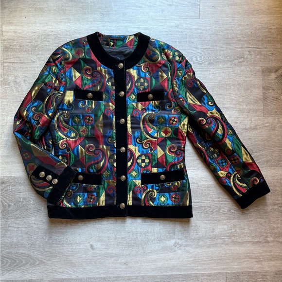 BOGNER Vintage Multicolor Geometric Pattern Jacket Black Velvet Trim Gold Button - Picture 2 of 10